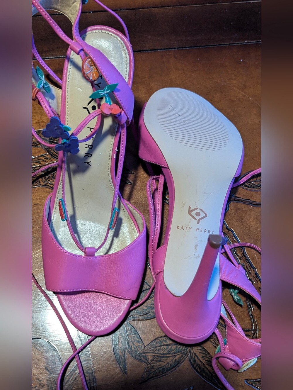 Bright Pink Lace-Up Women’s Heels With Fruit Accents - Picture 9 of 9
